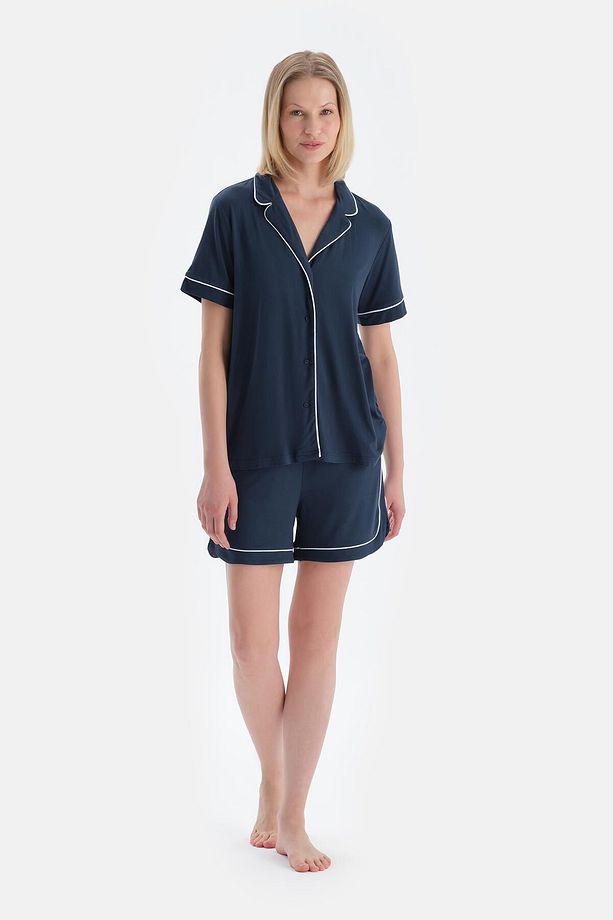 İndigo Biye Detaylı Kısa Kollu Gömlek Şort Pijama Takımı - 1