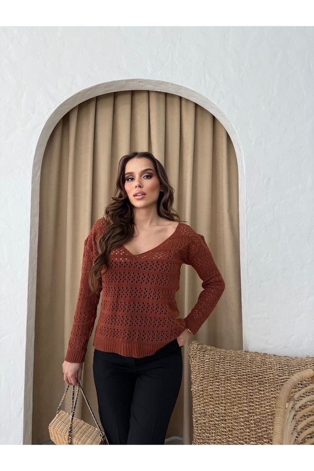 Kiremit Uzun Kol Örme Bluz - 1