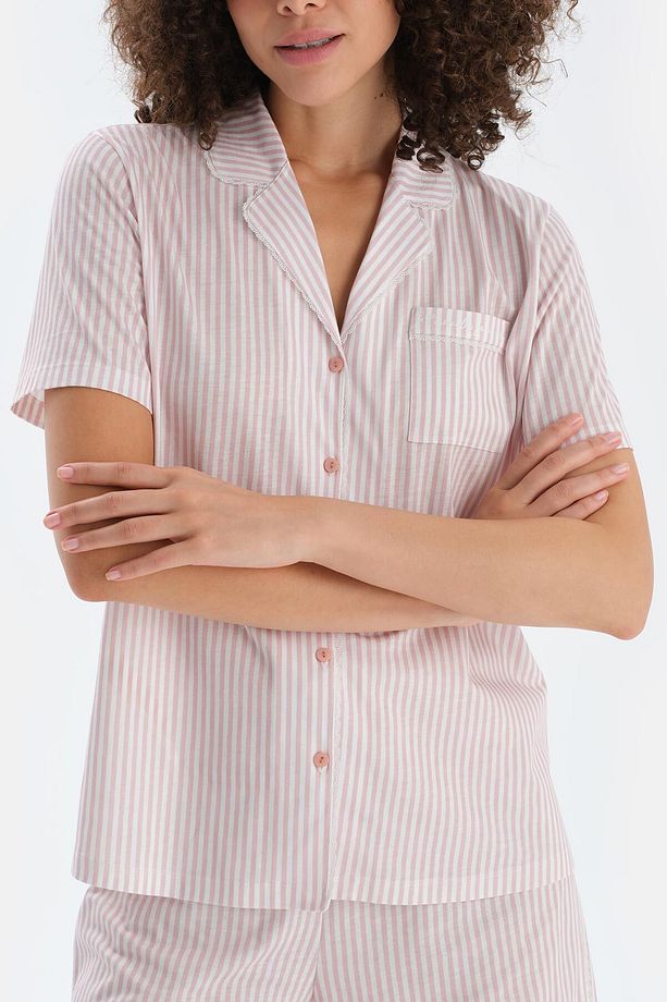 Açık Pembe Çizgili Penye Modal Gömlek Şort Pijama Takımı - 5