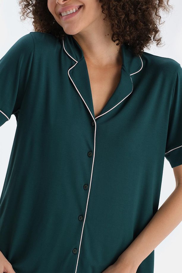 Koyu Yeşil Biye Detaylı Penye Modal Gömlek Şort Pijama Takımı - 5