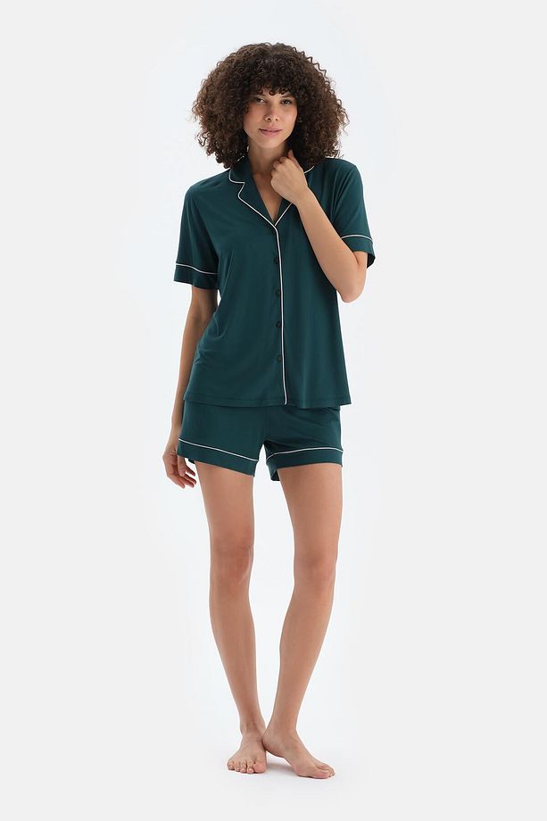 Koyu Yeşil Biye Detaylı Penye Modal Gömlek Şort Pijama Takımı - 4