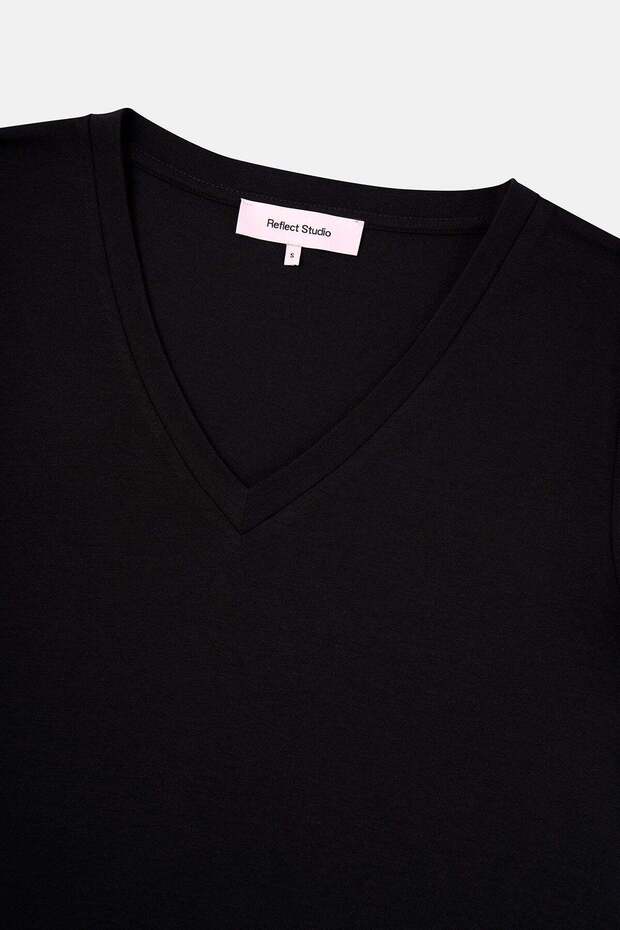 Basic V Yaka Modal Kadın T-shirt - Siyah - 2