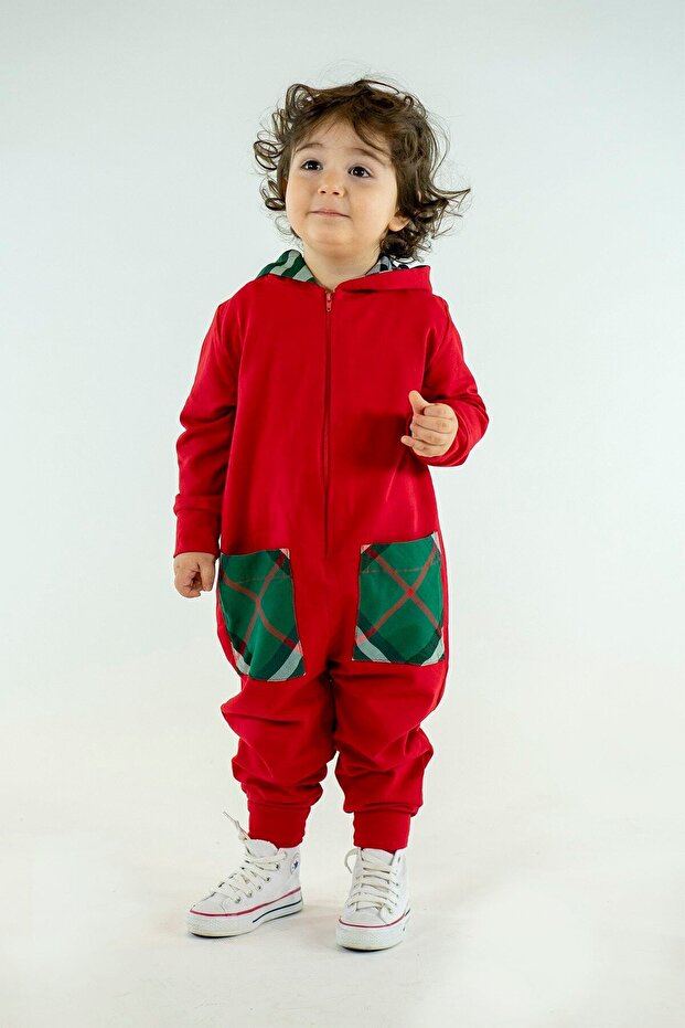 New Year Red Combed Cotton Hooded Jumpsuit