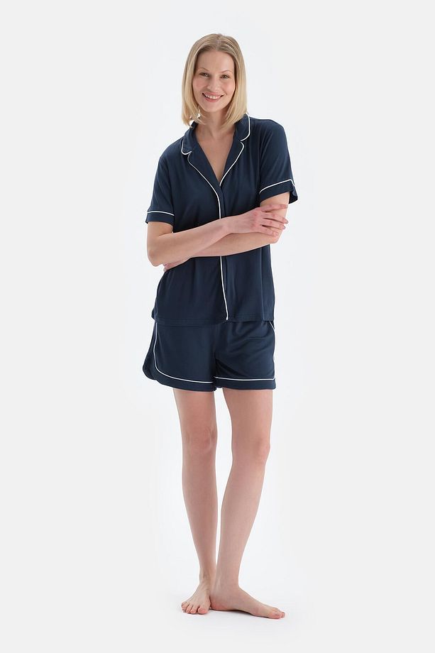 İndigo Biye Detaylı Kısa Kollu Gömlek Şort Pijama Takımı - 4