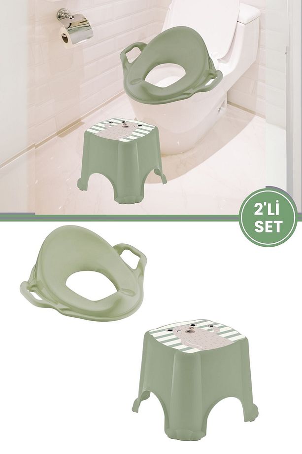 Kaydırmaz Çocuk Banyo Taburesi ve Kulplu Klozet Tuvalet Eğitimi Alıştırma Adaptörü 2'li Set Yeşil - 1