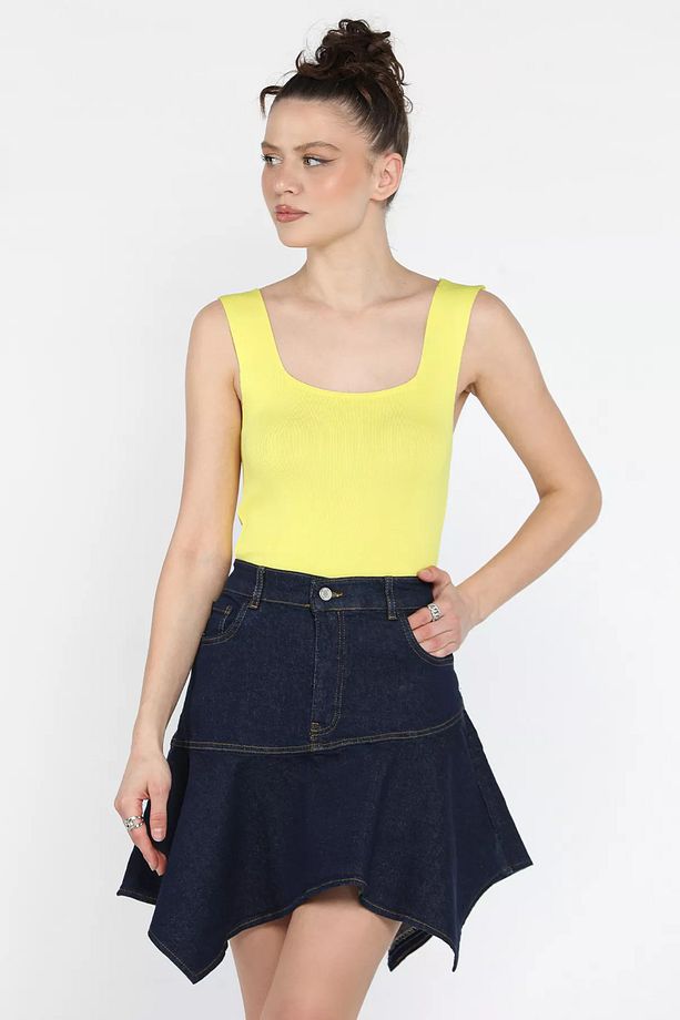 Lacivert Volanlı Jean Kot Etek - 1