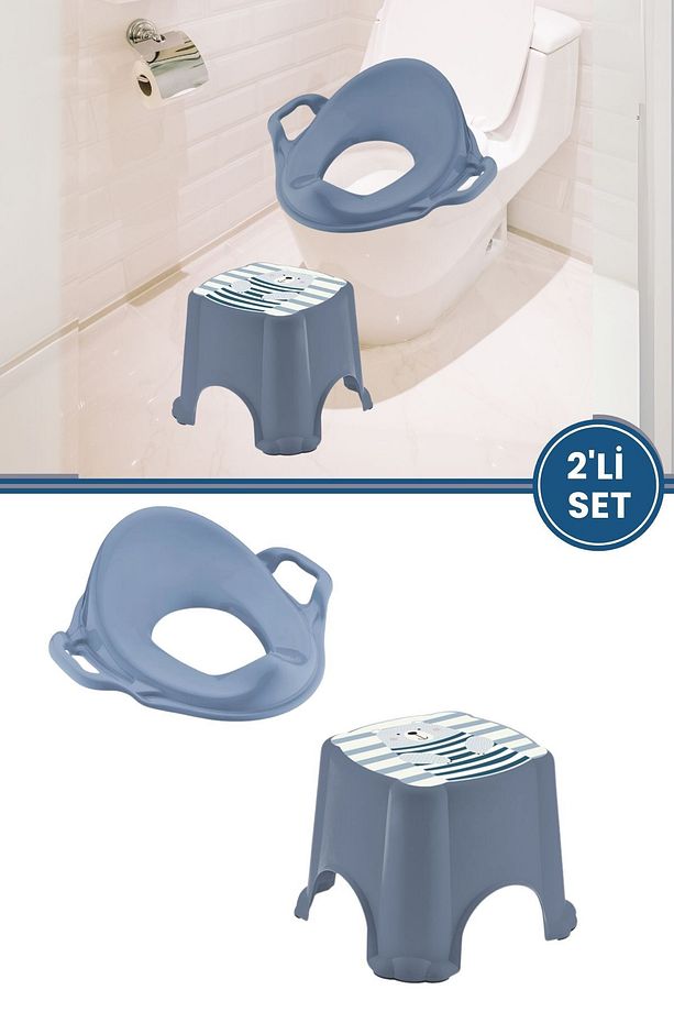 Kaydırmaz Çocuk Banyo Taburesi ve Kulplu Klozet Tuvalet Eğitimi Alıştırma Adaptörü 2'li Set Mavi - 1