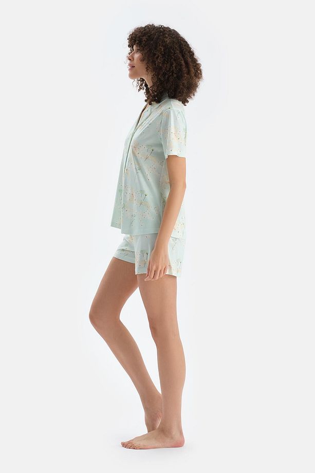 Açık Yeşil Çiçek Baskılı Penye Modal Gömlek Şort Pijama Takımı - 3