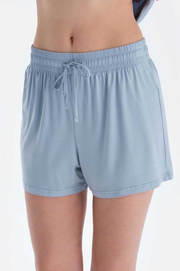 Buz Mavisi V Yaka Kısa Kollu Tişört Şort Pijama Takımı - 6