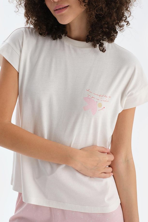 Ekru Baskı Detaylı Kısa Kollu Tişört Şort Pijama Takımı - 5