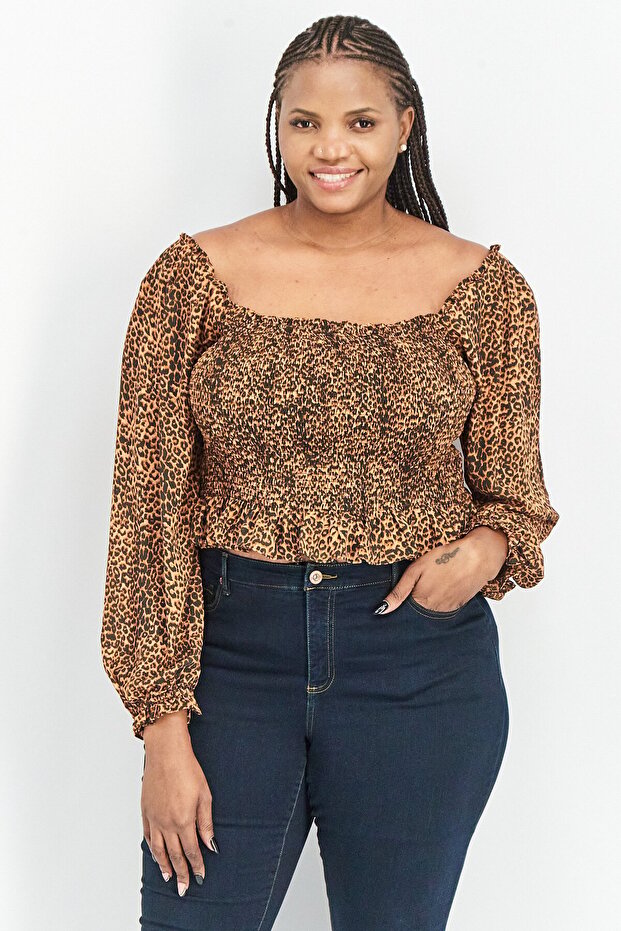 Women Plus Size Off Shoulder Long Sleeve Animal Print Top, Brown