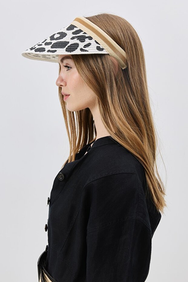 Leopard Patterned Y8209 White Straw Visor Hat - 2