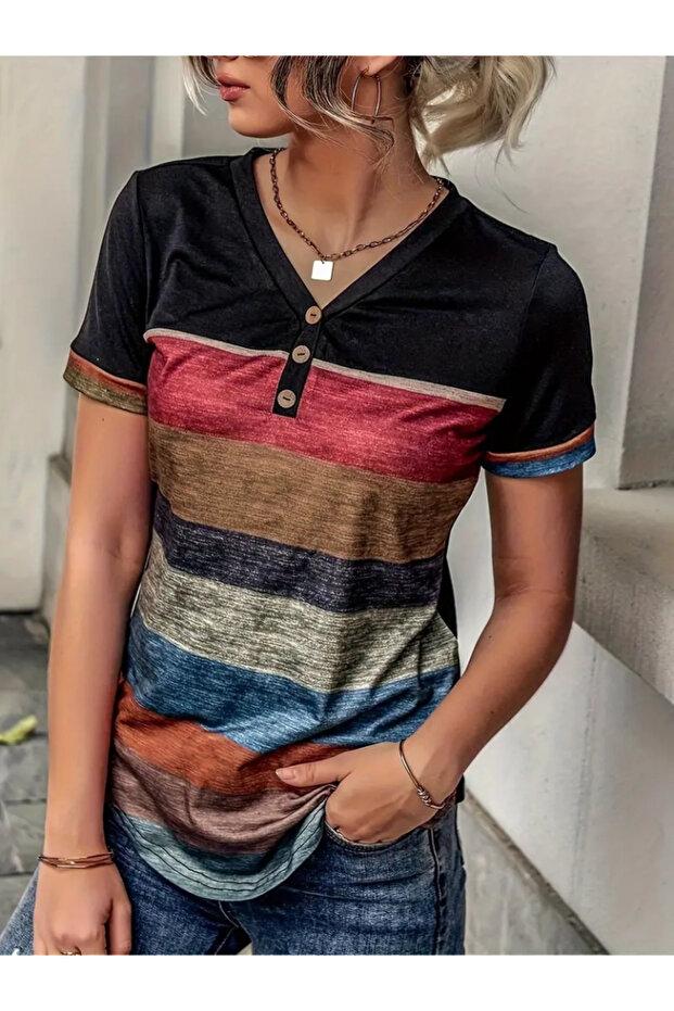    Women's Short Sleeve V-Neck Button Multi Color Single Jersey Blouse