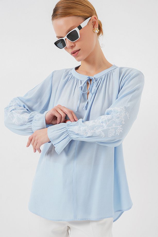 Kadın Nakışlı Örme Bluz 941 - Mavi - 3