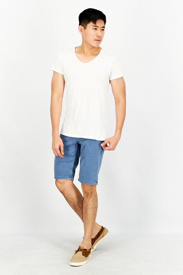 شورت جينز رجالي بقصّة عادية وقابل للتمدد، أزرق - 4