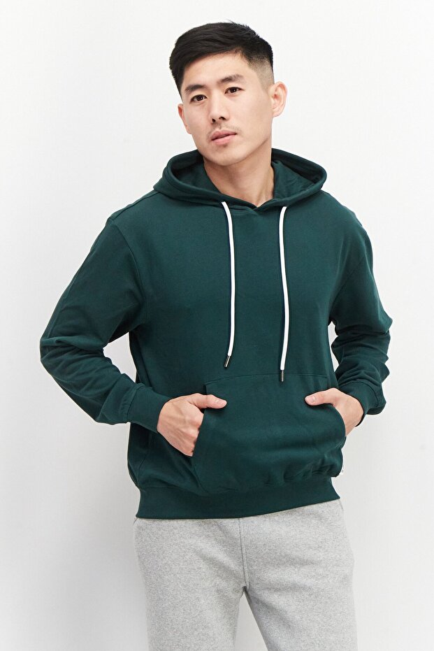 سويت شيرت رجالي سادة بغطاء للرأس، أخضر - 1