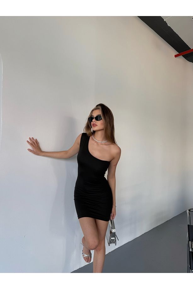 Siyah Sandy Tek Omuz Elbise - 3