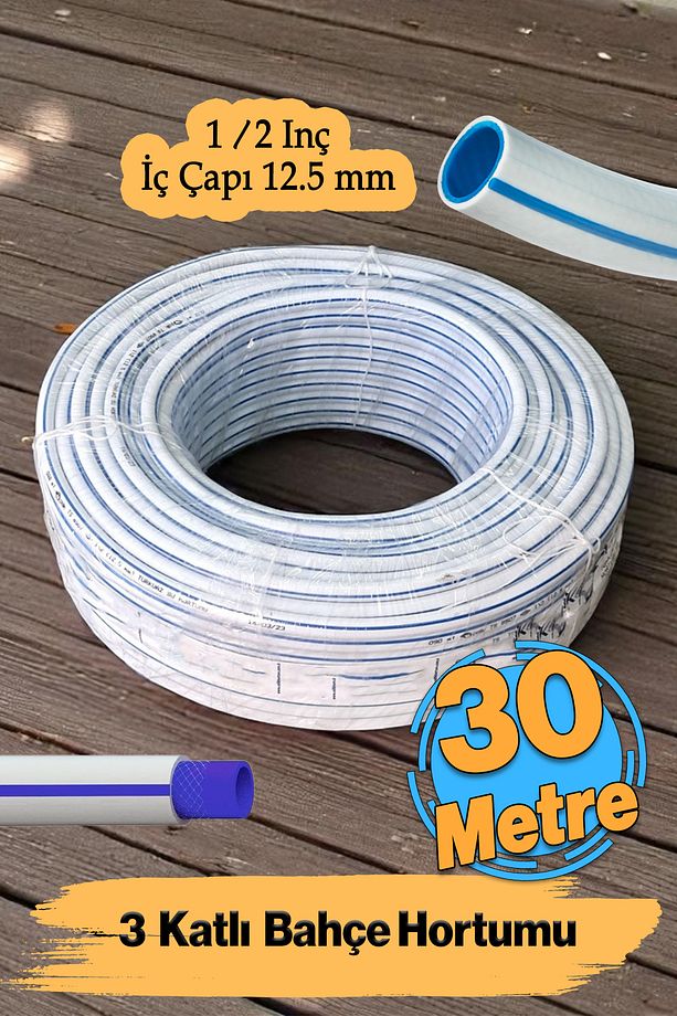 Bahçe Sulama Hortumu 3 Katlı Sağlam 30 Metre 12.5 mm 1/2" Çeşme Su Hortum Araç Araba Yıkama - 1