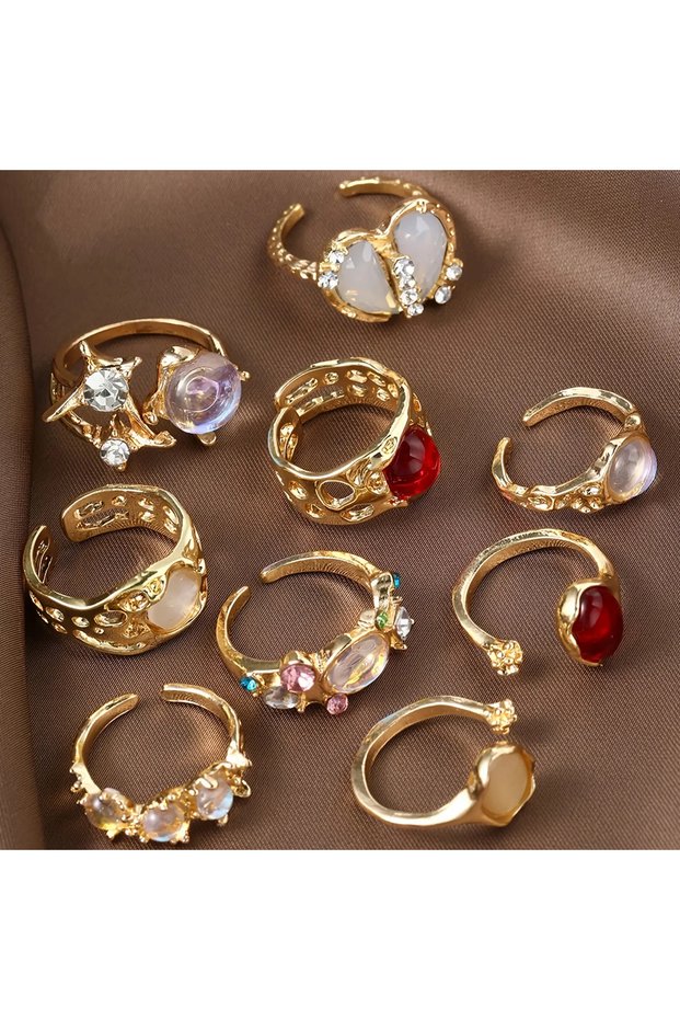 Alise 9-Piece Crystal Stone Red Stylish Design Vintage Multiple Adjustable Gold Lover Ring Set