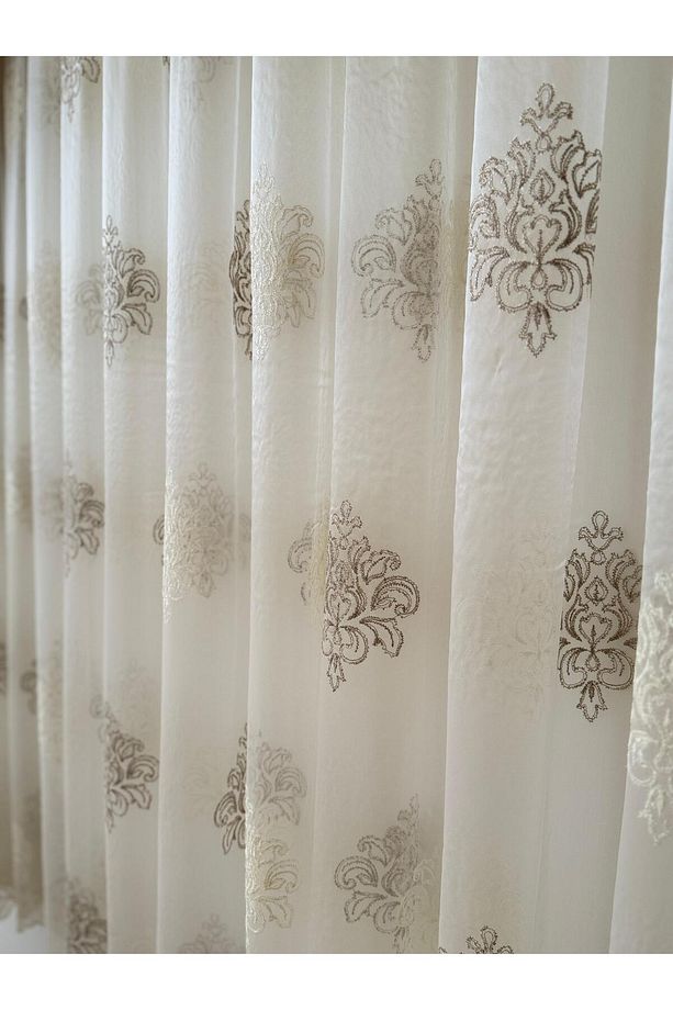 KAHVE/EKRU DAMASK DESENLİ İTHAL TÜL PERDE - 4