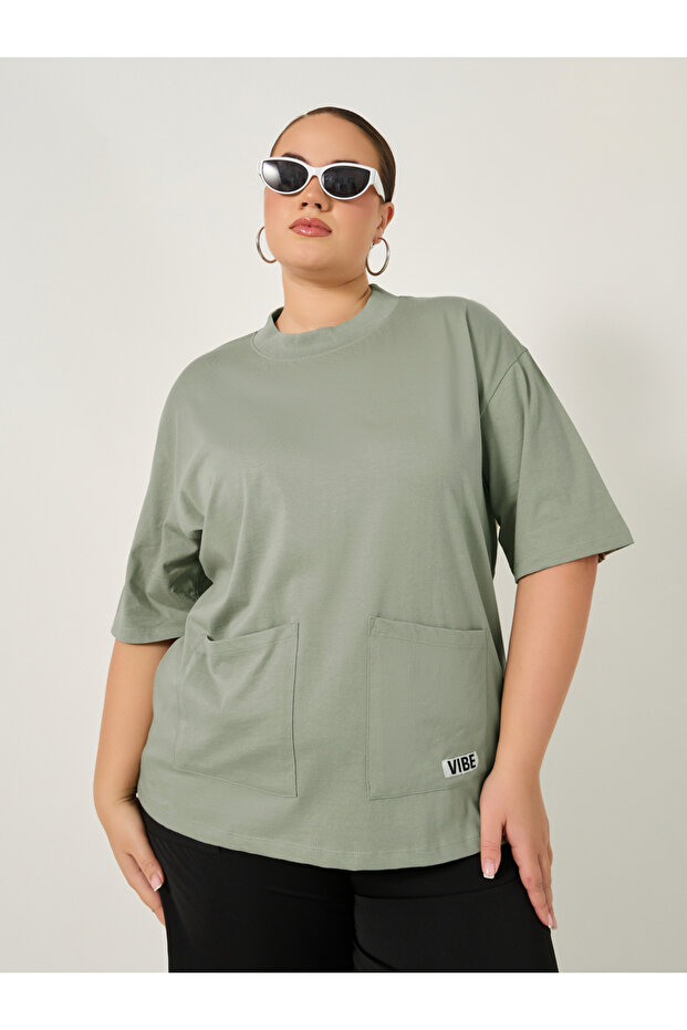 Plus Size Round Neck Oversized T-Shirt with Utility Pockets