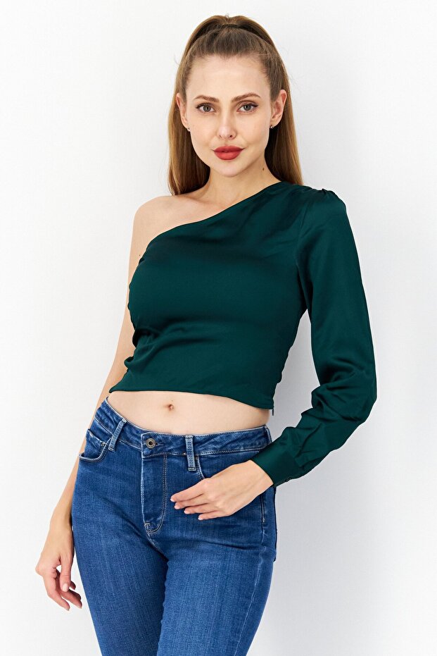 Women Asymmetrical One Shoulder Sleeve Plain Top, Green