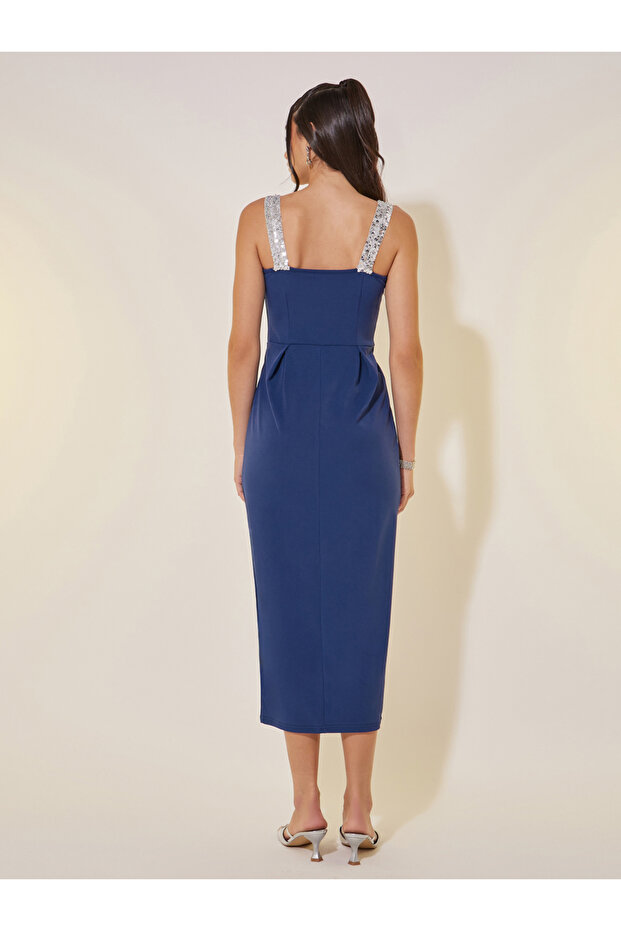 Solid Sequined Neckline Midi Dress - 5