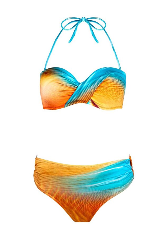 4600 Brown Blue Patterned Strapless Bikini Set - 4