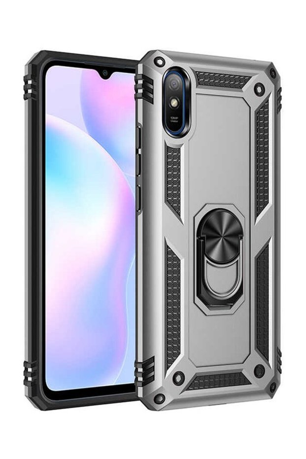 Redmi 9A Case Magnetic Vega Cover with Ring Silver + Full Covering Screen Protector