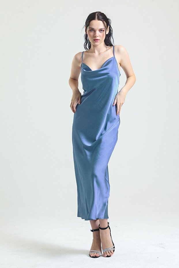 Crape Satin Long Nightgown with Open Collar