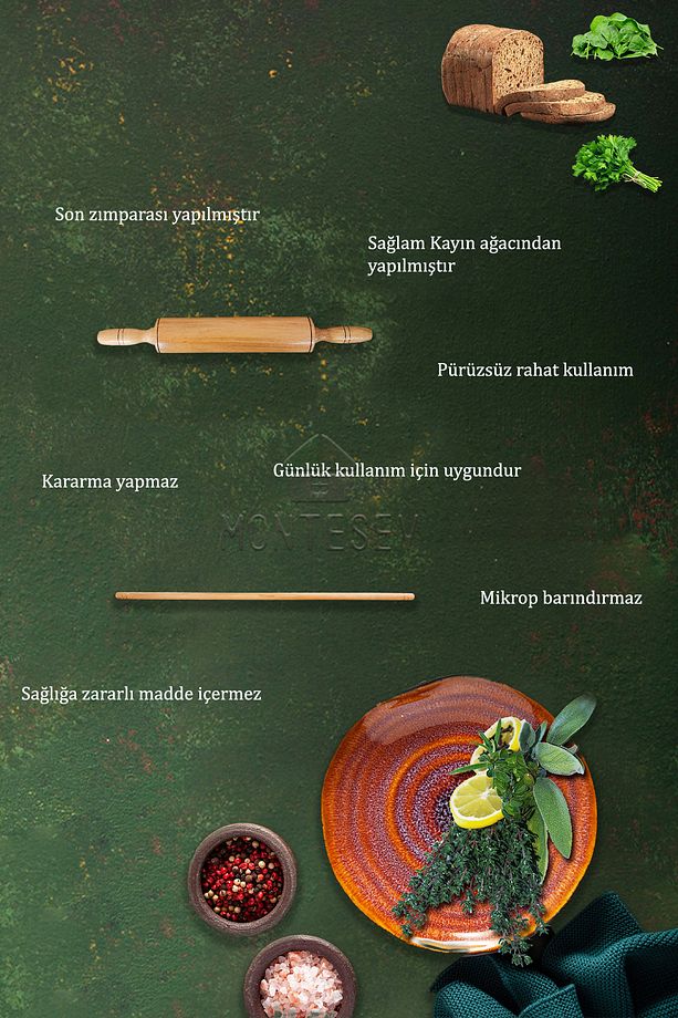 Zümrüt Serisi Dönerli Ahşap Hamur Açma Merdanesi Ve Oklavası Hamur Şekillendirici 2 Li Set Zmrset13 - 5
