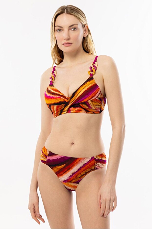 4627 Orange Patterned Purple Gathering Bikini Set