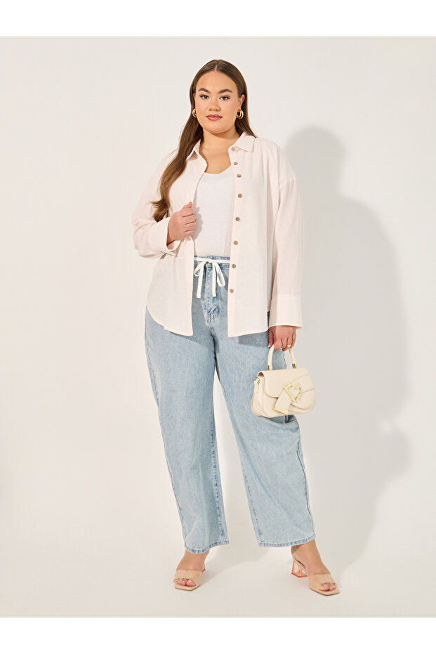 قميص طويل سادة بأزرار كبيرة الحجم - 2