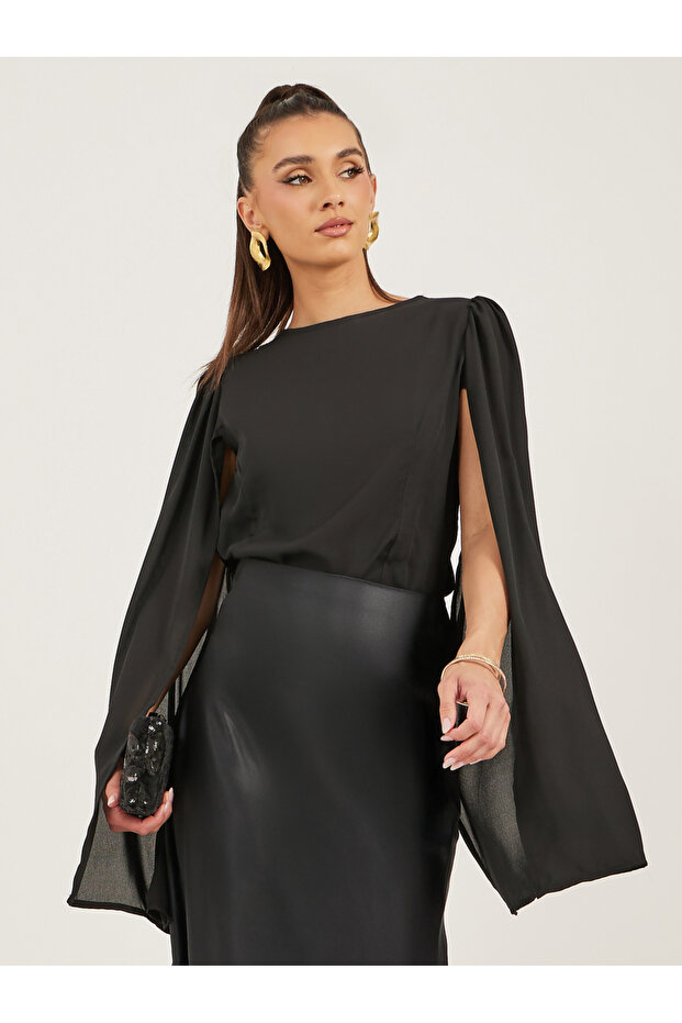 Solid Round Neck Cape Sleeve Blouse - 2