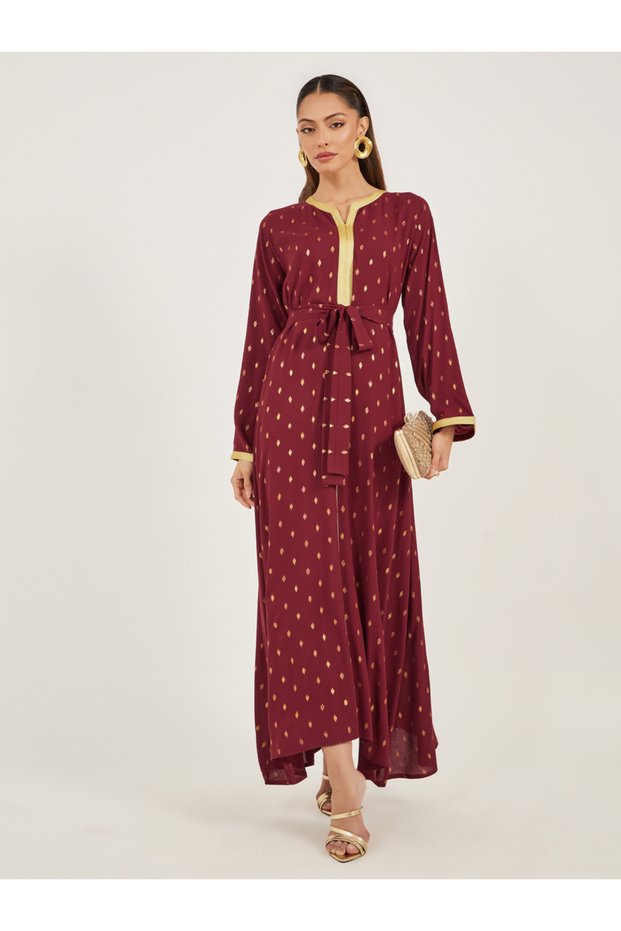 Foil Print Lace Detail Satin Jalabiya with Belt
