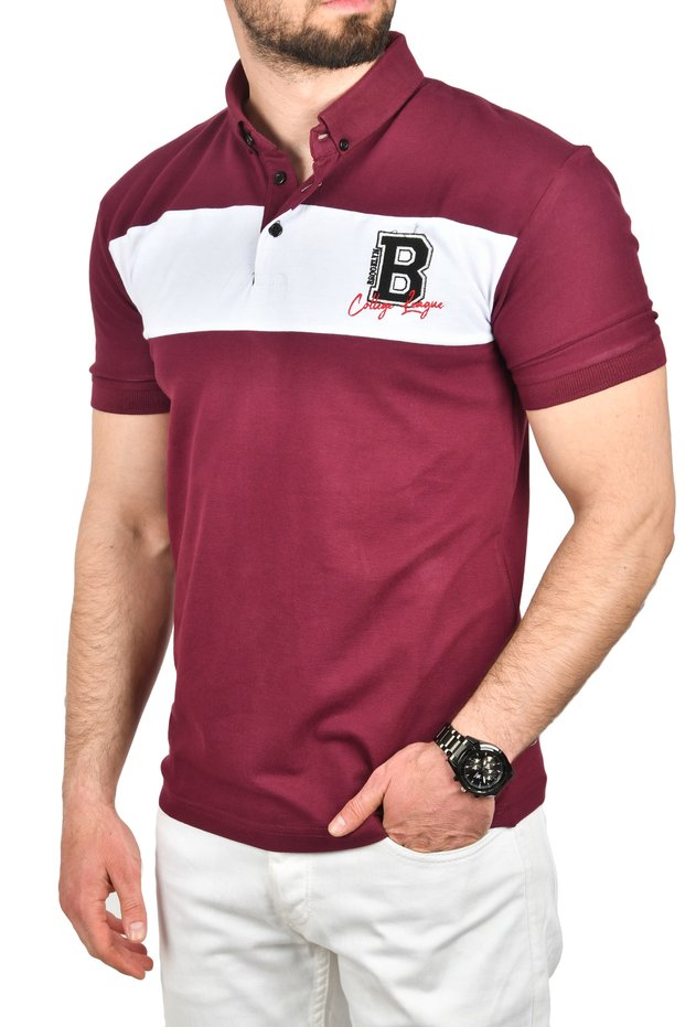 Men's Burgundy Slim Fit Breathable Cotton Fabric Slim Fit Non-Curling Collar Polo Neck T-Shirt 2503019