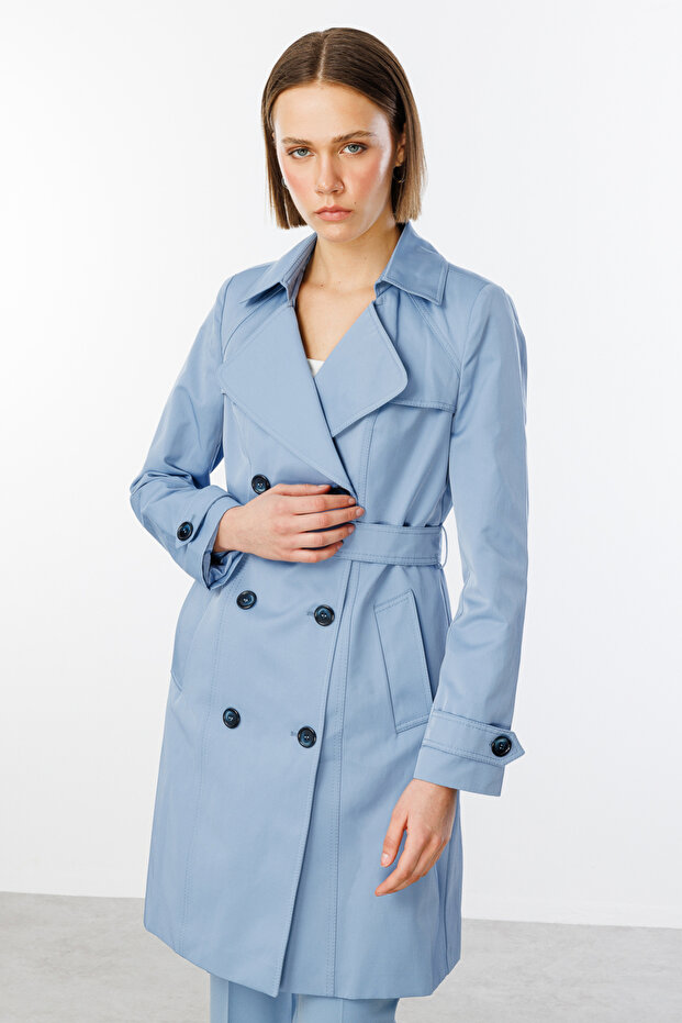 Double Breasted Collar Buttoned Trench Coat Blue-7002