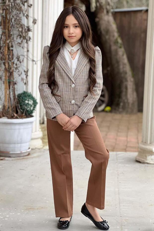 Girl's Open Collar and Stone Detailed Blouse, Plaid Striped Blazer Jacket, Belted Tan Bottom Top Set