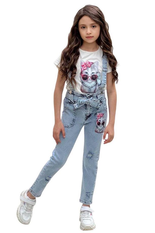 Kız Çocuk Üzeri Digital Baskılı T-shirt Yırtmaç ve Kedi Detaylı Mavi Jean Salopet Takım - 6
