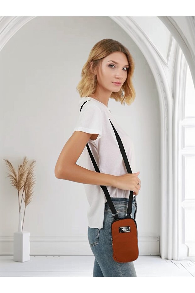 Single Zipper Compartment Adjustable Strap Canvas Fabric Unisex Phone Holder Wallet Bag