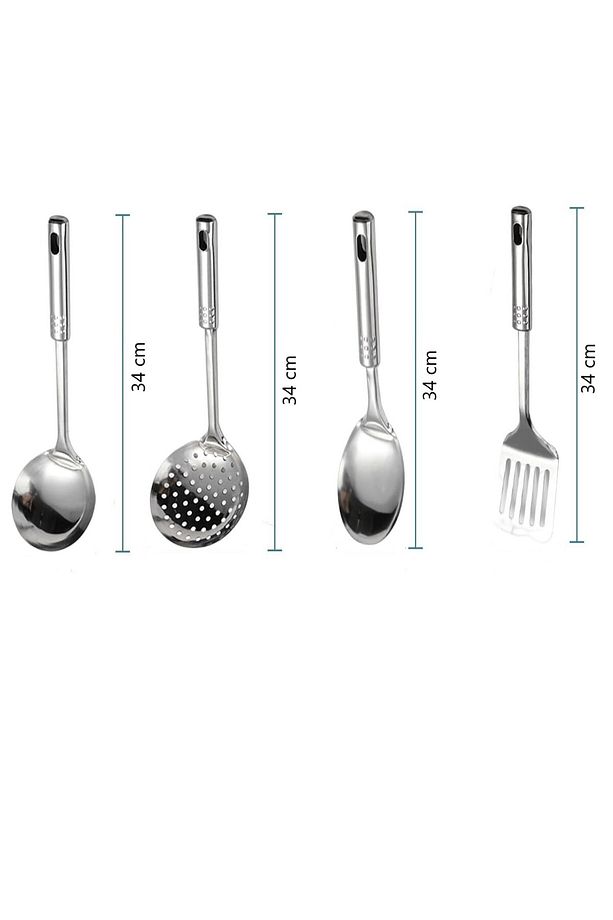 4 Parça Çelik Mutfak Servis Seti Kepçe Kevgir Spatula Kaşık Takımı Çeyiz Seti - 3