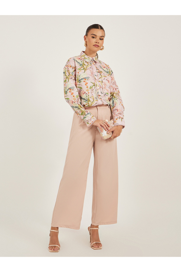 Floral Print Lace Trim Spread Collar Shirt