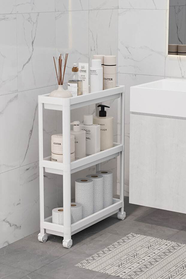 3 Tier Rolling Slim Thin White Bathroom Kitchen Shelf Mit1125