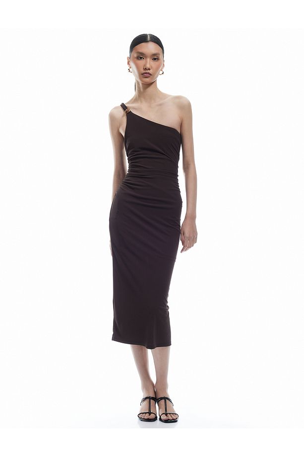 Slim Fit Astarlı Aksesuar Detaylı Drapeli Midi Boy Tek Omuz Elbise - 2