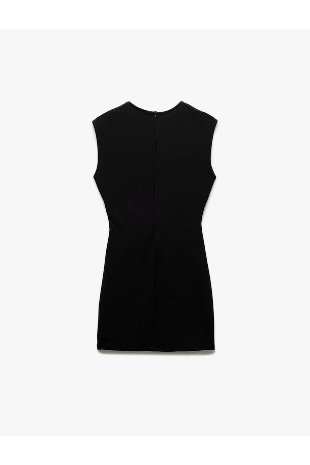 Krep Scuba Kumaş Drapeli Kolsuz Bisiklet Yaka Mini Elbise - 4