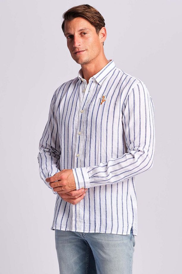 Çizgili % 100 Keten Relaxed Fit Logo Detaylı Gömlek Erkek GÖMLEK RMM027000018 24971 - 2