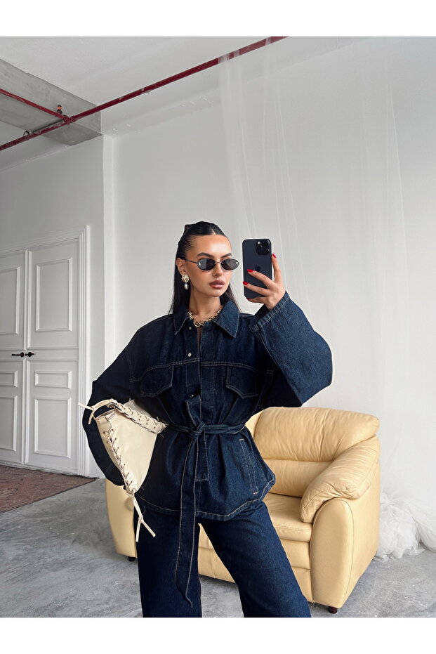 Σκούρο μπλε ναυτικό τζιν σετ oversized με μπουφάν και παντελόνι ψηλόμεσο - 1