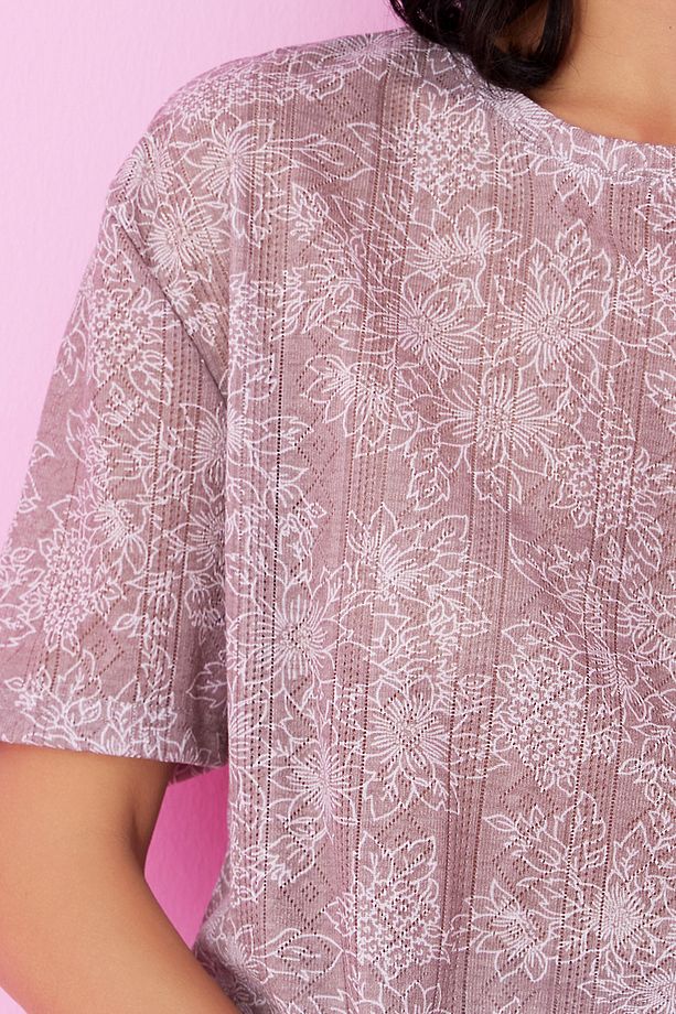 kahve çiçek desenli Pointel Ajurlu/Delikli Bisiklet Yaka Örme Pijama Takım - 4