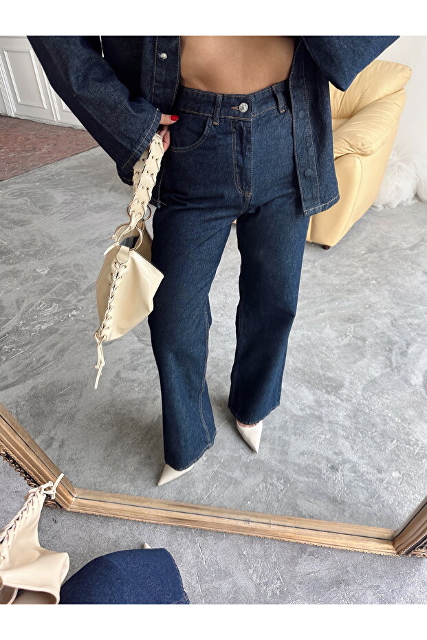 Σκούρο μπλε ναυτικό τζιν σετ oversized με μπουφάν και παντελόνι ψηλόμεσο - 3