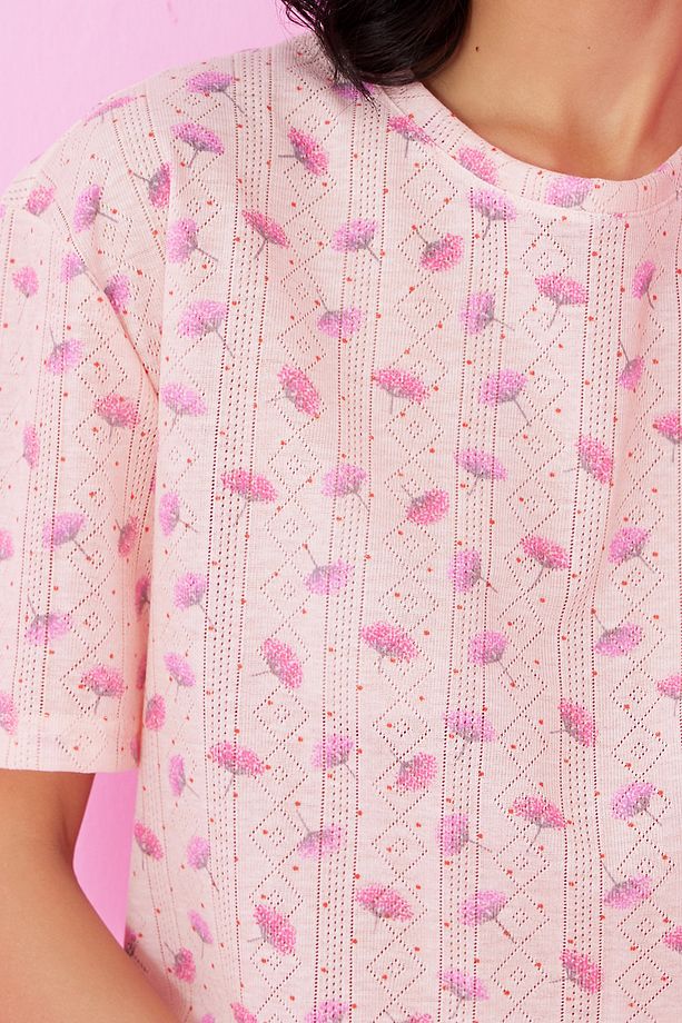 somon çiçek desenli Pointel Ajurlu/Delikli Bisiklet Yaka Örme Pijama Takım - 4